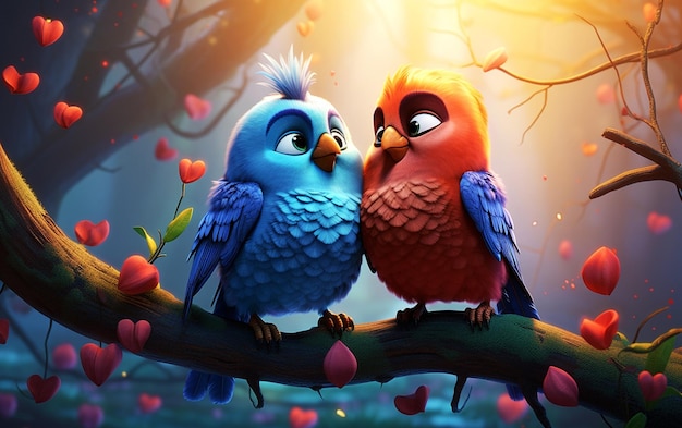 Cartoon Love Harmony Alto detalle 3D Aves de amor con corazones en el fondo de la naturaleza