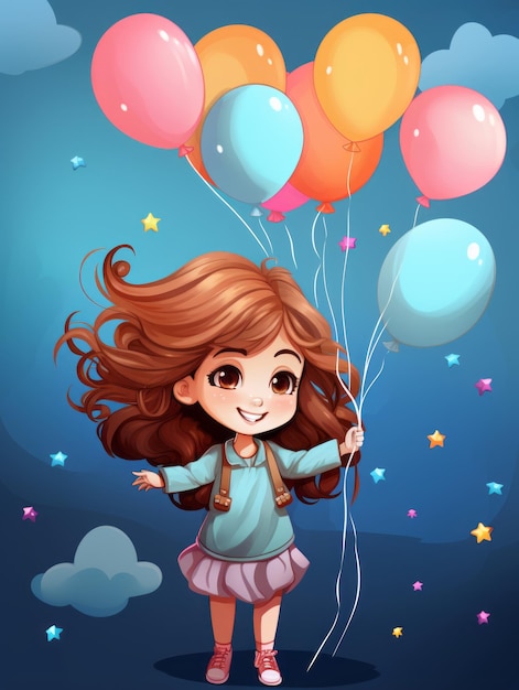 Cartoon-Mädchen hält Luftballons im Himmel