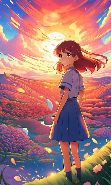 Cartoon-Mädchen im Anime-Stil auf roten, bunten Wolken, Hintergrund, HD-Illustration