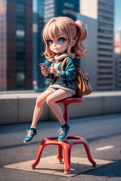 Cartoon-Mädchen im Anime-Stil, junge schöne Schönheit, die auf einem hohen Hocker sitzt, Tapetenillustration