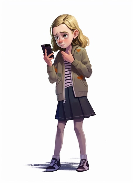 Cartoon-Mädchen in einem Rock und einer Jacke mit einem Handy