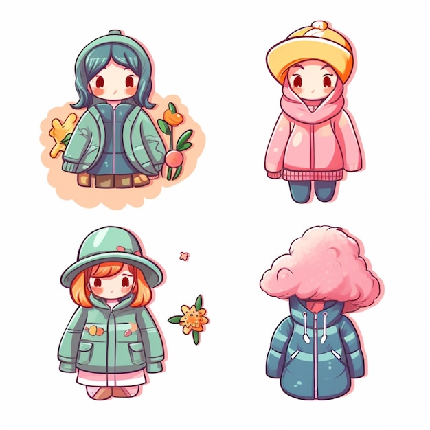 Cartoon-Mädchen in Winterkleidung und Hut mit Blumen generative KI