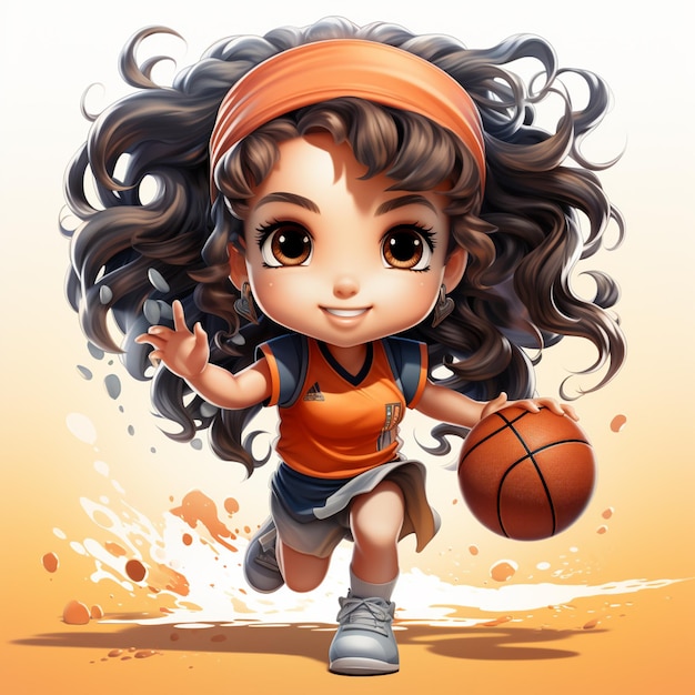 Cartoon-Mädchen mit einem Basketball läuft und lächelt generative ai