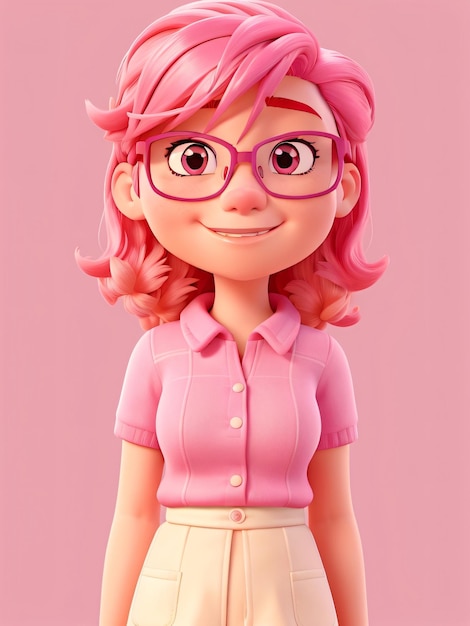 Cartoon-Mädchen mit rosa Haaren und Brille