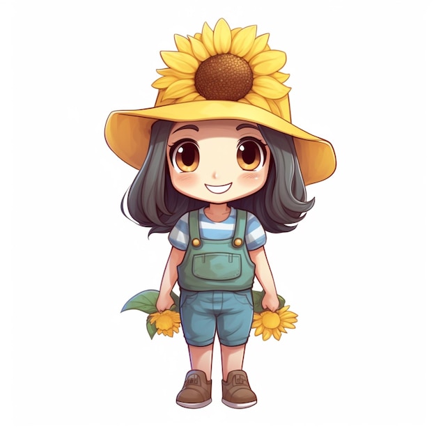 Cartoon-Mädchen mit Sonnenblume in Hut und Overall generative KI