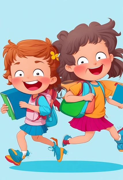 Cartoon-Mädchen und Mädchen mit Büchern auf blauem Hintergrund, Vektorgrafik