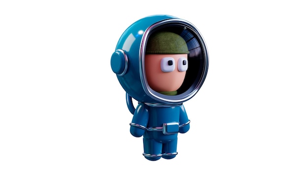 Foto cartoon-mann in einem blauen weltraumanzug, astronaut, frontansicht, isolierung auf weißem hintergrund 3d-rendering