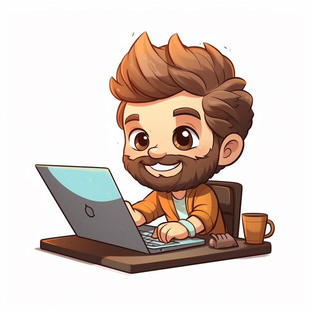 Cartoon-Mann mit Bart, der einen Laptop an seinem Schreibtisch benutzt