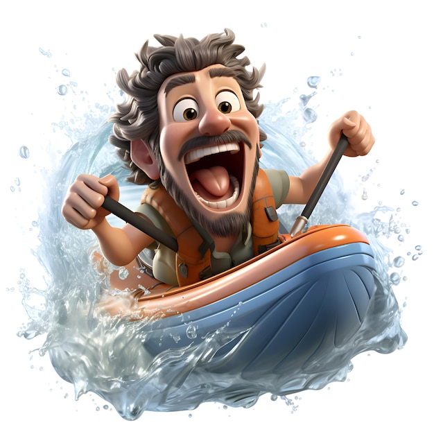 Cartoon-Mann schwimmt in einem Kajak auf dem Wasser mit Spritzern