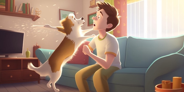 Cartoon-Mann spielt mit einem Hund in einem Wohnzimmer generative ai