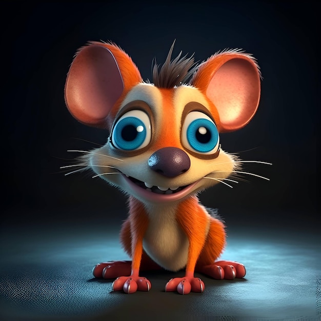 Cartoon-Maus mit blauen Augen, 3D-Rendering auf schwarzem Hintergrund