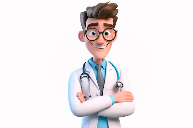 Cartoon médico homem sorrindo em um fundo branco AI gerado