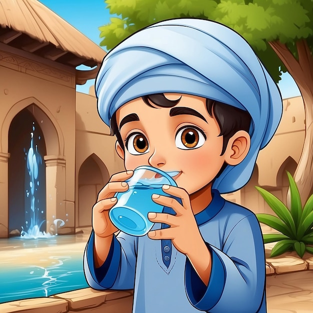 Foto cartoon menino muçulmano bebendo água