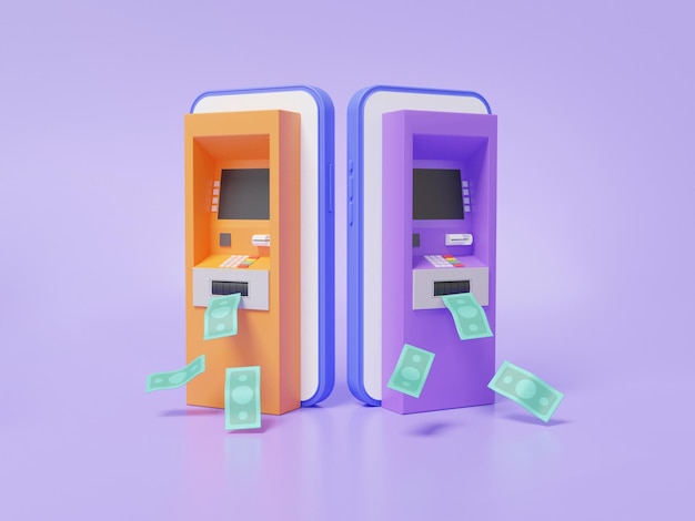 Cartoon minimal Money Payment Transfer System Online-Konzept Banknote, die in das Anwendungstransaktionsnetzwerk Internet-Banking auf zwei Smartphone-Kopienraum 3d Render-Illustration schwebt