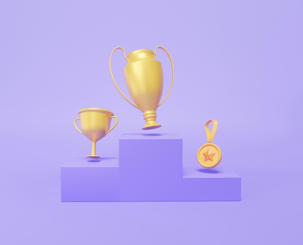 Cartoon minimaler, süßer, glatter Sieger auf dem Podium mit goldenen Trophäenbechern mit Stern und erstem, zweitem und drittem auf dem Podest. Champion-1.-Gewinner-Konzept auf violettem Hintergrund, 3D-Darstellung