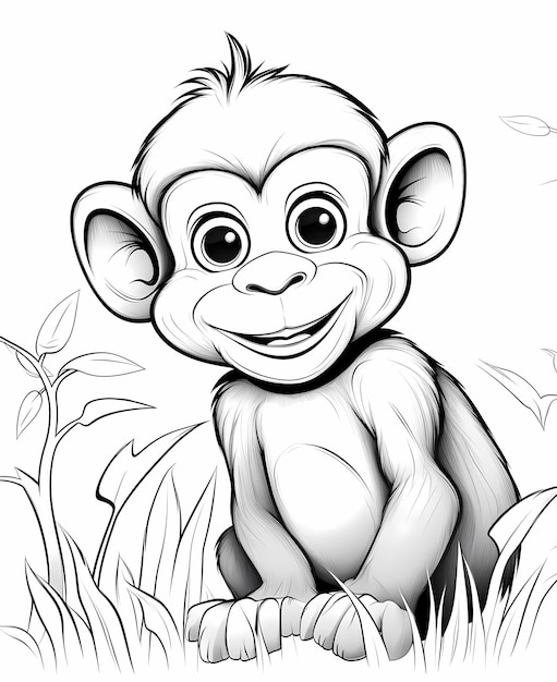 Foto cartoon monkey fun página de colorir com linhas grossas, baixos detalhes e coshading