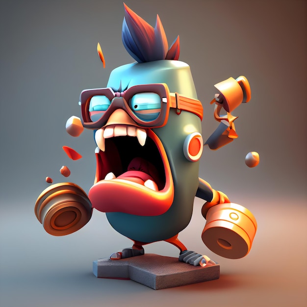 Cartoon-Monster mit Hanteln 3D-Illustration