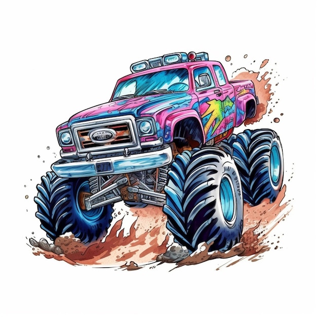 Cartoon-Monstertruck mit bunten Farbspritzern und Rädern mit generativer KI