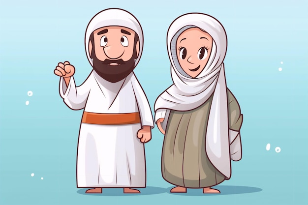 Cartoon-muslimischer Mann und Frau, die Ihram-Kleidung tragen, generative KI