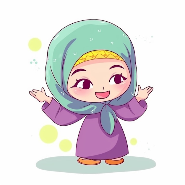 cartoon muslimisches mädchen in lila kleid und grünem kopftuch generative ai