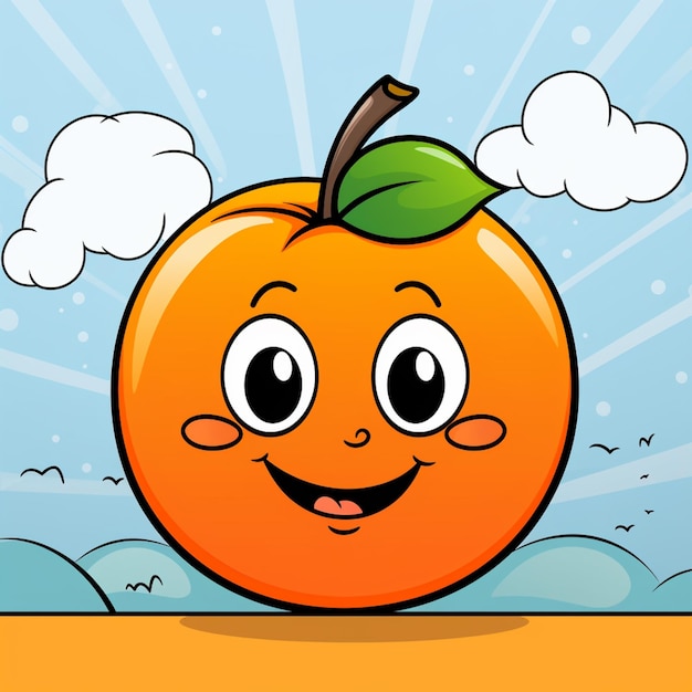 Foto cartoon naranja con una cara feliz y una hoja verde en su cabeza generativo ai
