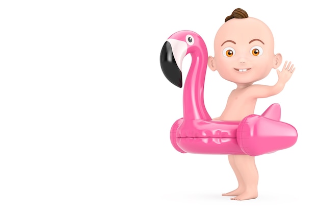 Cartoon-nettes Baby mit Sommer-Swimmingpool-aufblasbares Gummi-Rosa-Flamingo-Spielzeug auf weißem Hintergrund. 3D-Rendering