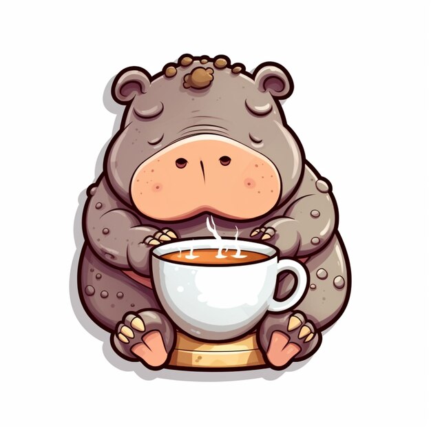 Cartoon-Nilpferd mit einer Tasse Kaffee generative KI