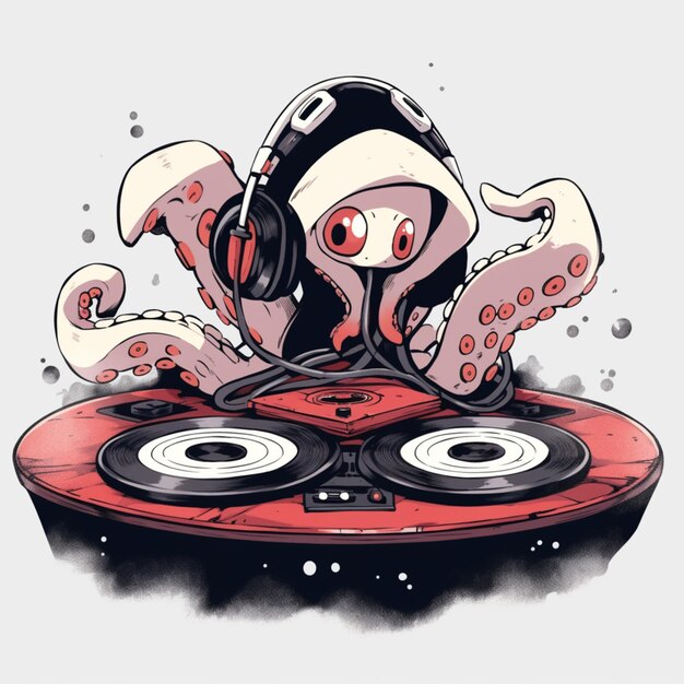 Foto cartoon octopus dj spielt musik auf einem plattenspieler mit kopfhörern