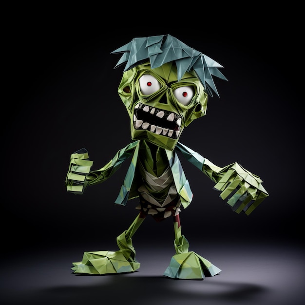 Foto cartoon origami zombie caricatura grotesca em fundo escuro