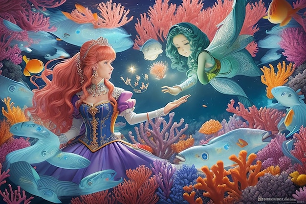 Cartoon Ozean und die Meerjungfrau im Unterwasser-Königreich schwimmen mit Fischen Kinder