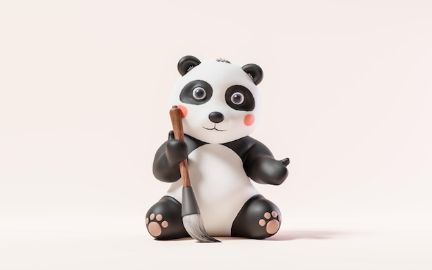 Cartoon-Panda und chinesische Retro-Tintenbürste 3D-Rendering