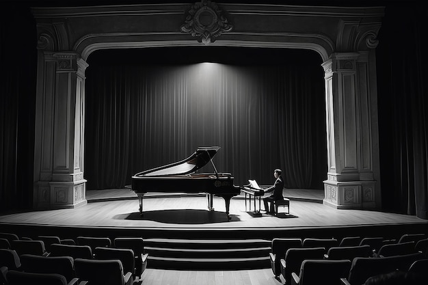 Cartoon para filme mudo Pianista ao vivo prepara o palco para exibição nostálgica