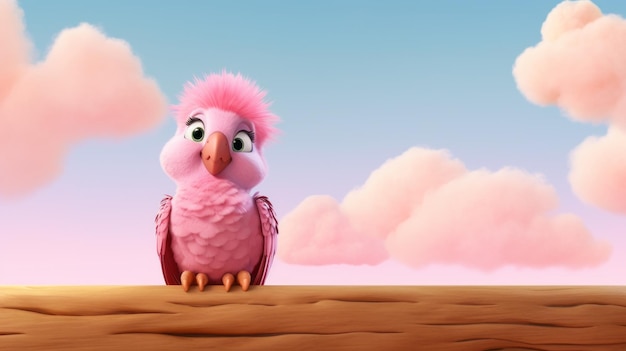 Cartoon Pink Parrot sitzt auf dem Boden in der Nähe von Wolken Zbrush-Stil