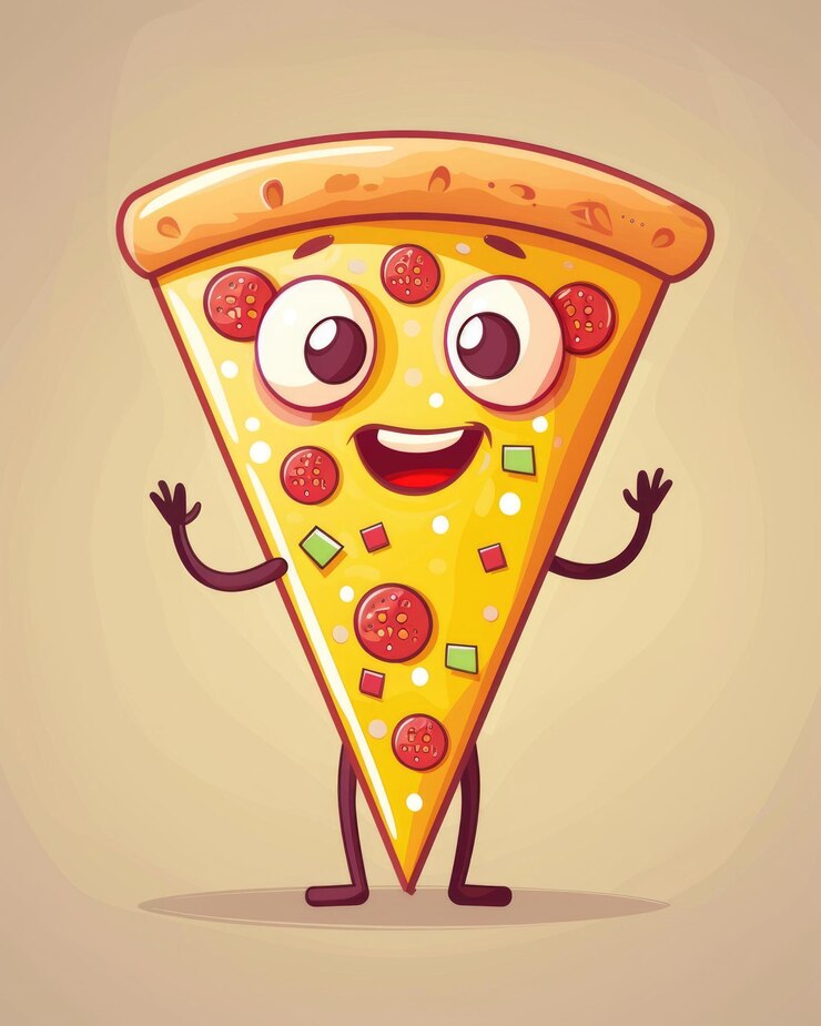 Foto cartoon pizza slice mascot personagem com retro 60s 70s vibes e emoções alegre