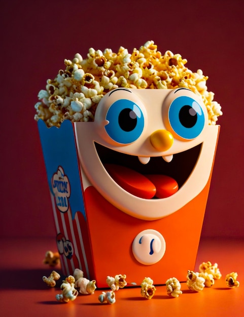 Foto cartoon-popcorn-figur mit einem glücklichen gesicht und augen