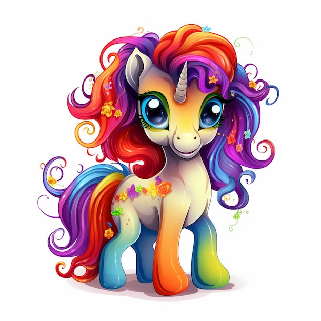 Cartoon-Regenbogenpony mit bunter Mähne und Blumen generative KI