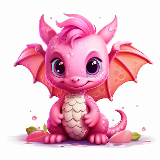 Cartoon-Rosa-Drache mit großen Augen und rosa Flügeln, der auf dem Boden sitzt, generative KI