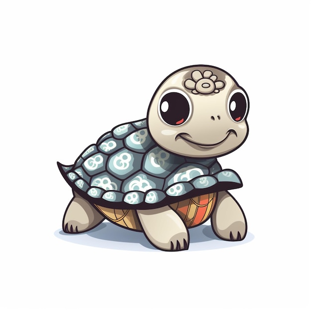 Cartoon-Schildkröte mit einem blau-weiß gemusterten Panzer auf dem Rücken, generative KI