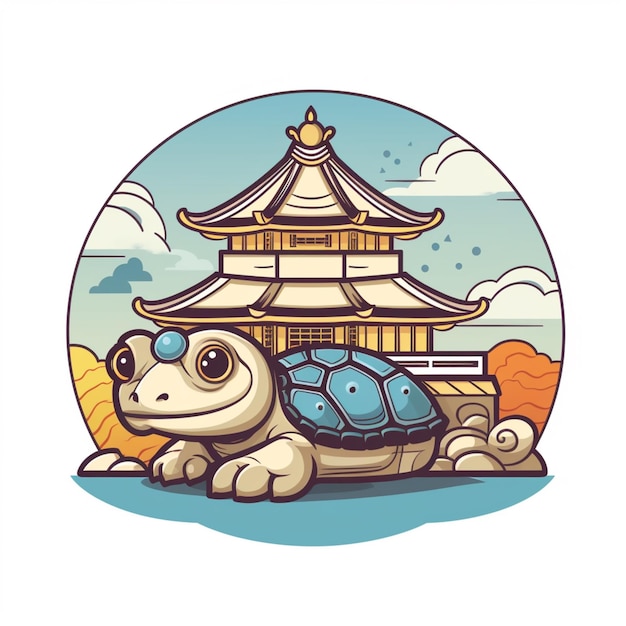 Cartoon-Schildkröte mit einer Pagode im Hintergrund, generative KI