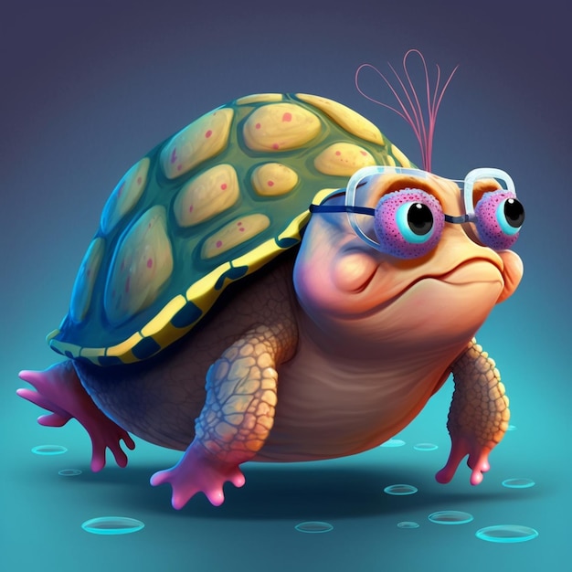 Cartoon-Schildkröte mit Schutzbrille und Brille auf dem Rücken, generative KI