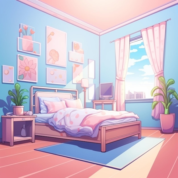 Cartoon-Schlafzimmer mit einem Bett generative ai