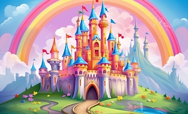 Cartoon-Schloss mit Regenbogen und Regenbogen im Himmel, generative KI