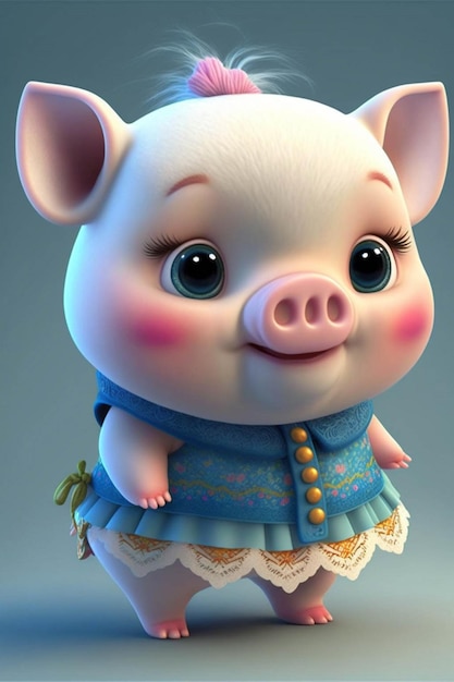 Cartoon-Schwein in einem blauen Kleid, generative KI