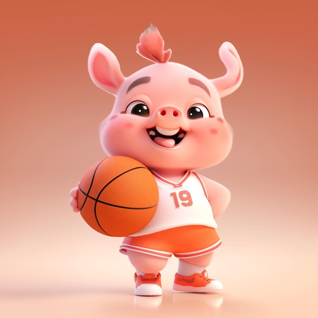 Cartoon-Schwein mit einem Basketballball in der Hand generative KI