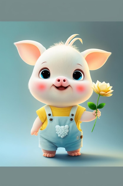 Cartoon-Schwein mit einer Blume in der Hand, generative KI