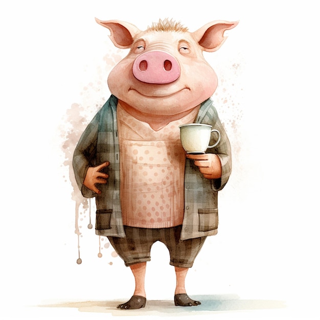 Cartoon-Schwein mit einer Tasse Kaffee in der Hand