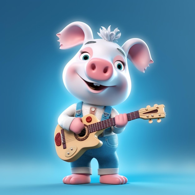 Cartoon-Schwein mit Gitarre auf blauem Hintergrund generativ ai