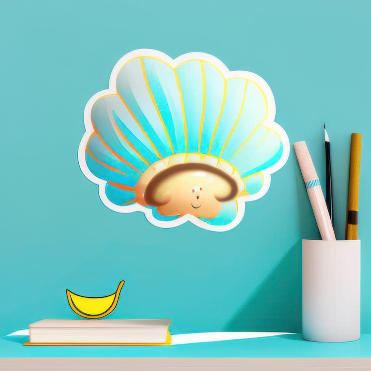Foto cartoon seashell con cara sonriente y libro en el escritorio