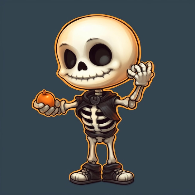 Cartoon-Skelett, das einen Apfel hält und die Daumen nach oben zeigt, generative KI