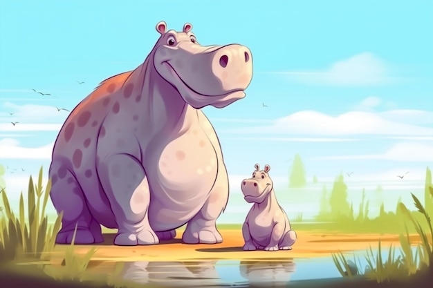 Foto cartoon sobre hipopótamos pequenos e grandes generative ai